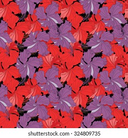 Vector illustration of seamless colorful pattern with hand drawn hibiscus flowers. Black background