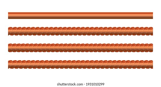 Vector illustration seamless copper rebars on white background. Set of realistic metal rods and bars for building and construction. Endless rebars. Metal reinforcement steel. Construction armature.