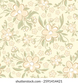 Vector illustration. Seamless Cottagecore pattern, delicate beige green flowers on light background. Floral pattern, field of flowers, vintage print for fabric, textile, wallpaper