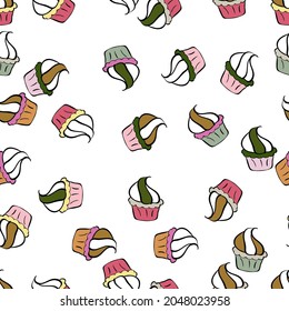 Vektorgrafik. Nahtlos mit Cupcakes auf neutralem, schwarz-weißem Hintergrund. Für das Design von Lebensmittelplakaten. Schleifpapier.