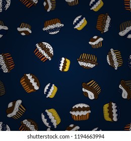 Vector illustration. Seamless with cupcake. Wrapping paper. For food poster design on blue, white and brown.