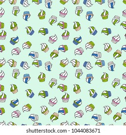Vector illustration. Seamless with cupcakes. Wrapping paper. For food poster design on neutral, white and black.