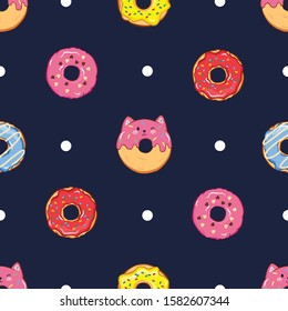 Vector illustration of seamless cute cartoon pattern with hand drawn cat and donuts drawn with a tablet, endless texture for fashion design, textile, paper, web design isolated on dark blue background