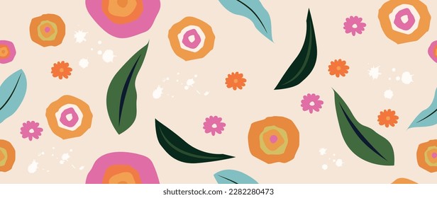 Vector illustration seamless. Cute colored flowers with leaves and bright abstract circles. Modern spring pattern. Perfect for screensaver, poster, card, invitation or home decor.