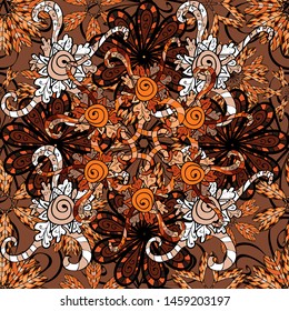 Vector illustration. Seamless Cute fabric pattern. Abstract doodles pattern. - stock. Nice background. Brown, black and orange on colors.