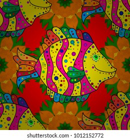 Vector illustration. Seamless Cute fish cartoon collection. Fishes on yellow, orange and red.