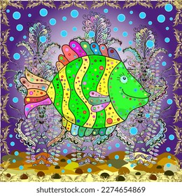 Ilustración vectorial. Sin inconveniente. Colección de dibujos animados de peces. Pescados morados, verdes y amarillos.