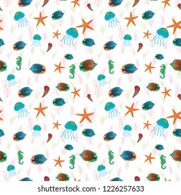 Vector illustration. Seamless cute pattern with tropical fish in orange, white and blue colors.