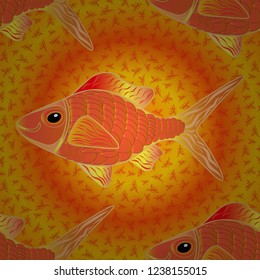 Vector illustration. Seamless cute pattern with tropical fish in yellow, magenta and orange colors.