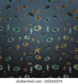 Vector illustration. Seamless cute pattern with tropical fish in blue, gray and green colors.