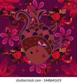 Vector illustration. Seamless cute pattern with a different tropical fish on brown, purple and red.