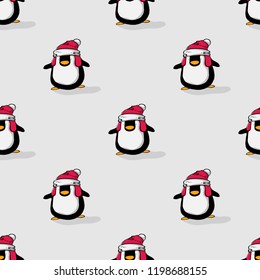 Vector illustration of seamless cute penguin cartoon character with shadow, hand draw style on grey background.