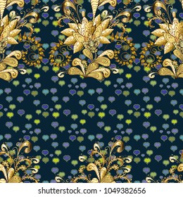 Vector illustration. Seamless damask classic golden pattern. Golden seamless pattern on blue, brown and yellow colors with golden elements. Vector abstract background with repeating elements.