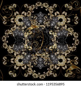 Vector illustration. Seamless damask classic golden pattern. Vector abstract background with repeating elements. Golden seamless pattern on black, gray and beige colors with golden elements.