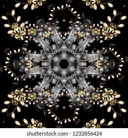 Vector illustration. Seamless damask classic golden pattern. Vector abstract background with repeating elements. Golden seamless pattern on black colors with golden elements.