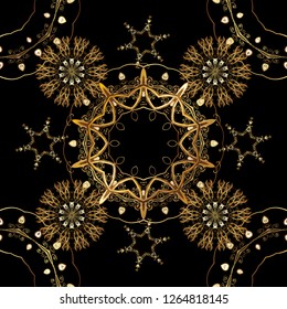 Vector illustration. Seamless damask classic golden pattern. Golden seamless pattern on black and brown colors with golden elements. Vector abstract background with repeating elements.