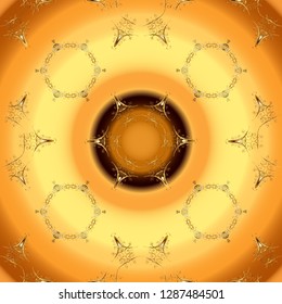 Vector illustration. Seamless damask classic golden pattern. Vector abstract background with repeating elements. Golden seamless pattern on yellow and orange colors with golden elements.