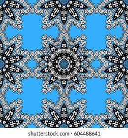 Vector illustration. Seamless damask classic white pattern. White seamless pattern on blue background with white elements. Vector abstract background with repeating elements.