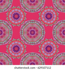 Vector illustration. Seamless damask pattern. Vintage ornamental background with victorian pattern in blue and purple colors.