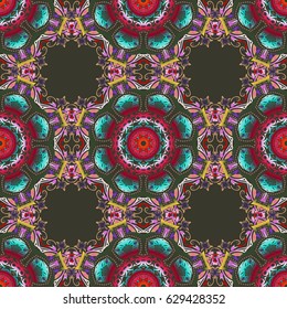 Vector illustration. Seamless damask pattern. Vintage ornamental background with victorian pattern in green, violet and red colors.