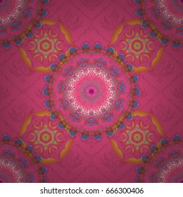 Vector illustration. Seamless damask pattern. Vintage ornamental background with victorian pattern in pink and purple colors.