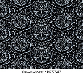 Vector illustration of seamless damask wallpaper. Blue on black