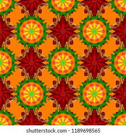 Vector illustration. Seamless decorative background, flower mandala. Flower. On orange, red and green colors.