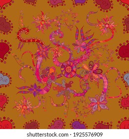 Vector illustration. Seamless decorative background. Can be used for cards, invitations, save the date cards and many more. On pink, orange and red colors. Doodles.