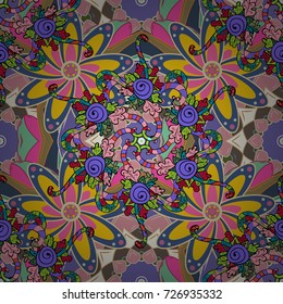 Vector illustration. Seamless decorative background, flower mandala. Flower. On pink, blue and violet colors.