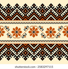 Vector illustration of seamless decorative fabric pattern of Ukrainian folklore. Ethnic ornamental motifs, border elements, traditional Ukrainian and Belarusian folk knitted umbrella patterns.
