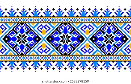 Vector illustration of seamless decorative fabric pattern of Ukrainian folklore. Ethnic ornamental motifs, border elements, traditional Ukrainian and Belarusian folk knitted umbrella patterns.
