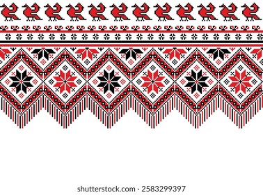 Vector illustration of seamless decorative fabric pattern of Ukrainian folklore. Ethnic ornamental motifs, border elements, traditional Ukrainian and Belarusian folk knitted umbrella patterns.
