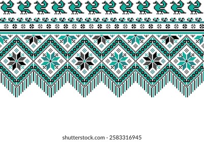 Vector illustration of seamless decorative fabric pattern of Ukrainian folklore. Ethnic ornamental motifs, border elements, traditional Ukrainian and Belarusian folk knitted umbrella patterns.
