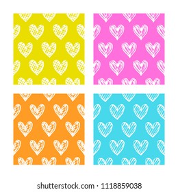 Vector illustration, seamless decorative patterns set with hand drawn hearts. 