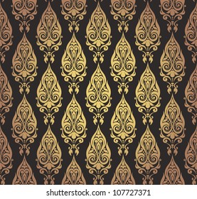 Vector illustration of seamless decorative wallpaper with oriental motifs in gold and black