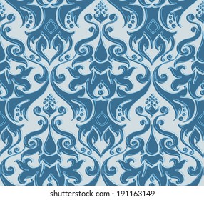 Vector illustration of seamless decorative wallpaper with oriental motifs in blue colors