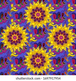 Vector illustration. Seamless delicate plant texture. Cute leaves pattern on violet, purple and yellow colors for wrapping, textile, wallpaper, paper.