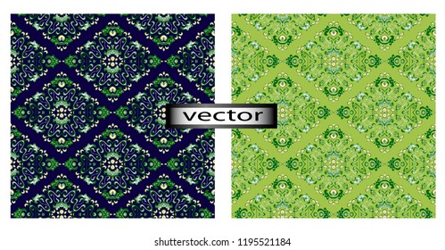 Vector illustration seamless design set of two green and yellow ornaments in festive style for pattern printing on fabric or Wallpaper packaging, ornate repeating decoration details