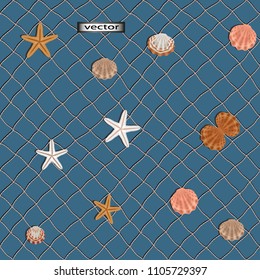Vector illustration of seamless diagonal mesh to catch fish on a blue background, decorated with starfish and seashells, sea theme to decorate walls, fabrics, interior decoration anglers net