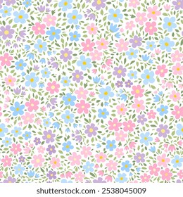 Ilustración vectorial. Patrón floral sucio inconsútil de delicadas Pequeñas flores de color rosa, azul, púrpura sobre un fondo blanco. Patrón floral de la libertad, campo de flores, impresión para la tela, materia textil, Fondo de pantalla