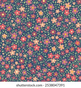 Ilustración vectorial. Patrón floral sucio inconsútil de delicadas Pequeñas flores rojas, púrpuras, naranjas sobre un fondo oscuro. Patrón floral de la libertad, campo de flores, impresión para la tela, materia textil, Fondo de pantalla