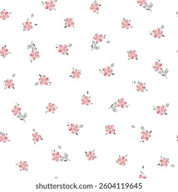 Vector illustration. Seamless Ditsy floral pattern of delicate small pink flowers on a white background. Liberty Floral pattern, field of flowers, print for fabric, textile, wallpaper	
