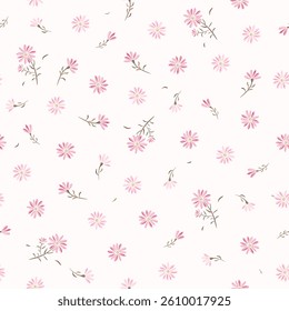 Vector illustration. Seamless Ditsy floral pattern of delicate small pink flowers on a pink background. Liberty Floral pattern, field of flowers, print for fabric, textile, wallpaper	