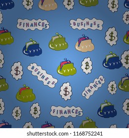 Vector illustration. Seamless Dollar tag sign, money dollar icon - dollar bill symbol. Elements on blue, white and green colors.