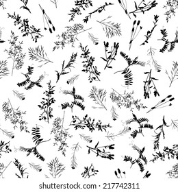 Vector illustration. Seamless doodle grass pattern. Black and white