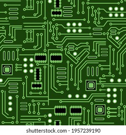 Vector illustration of seamless electronic circuit board chip-set background.
