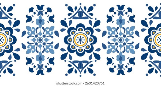 Vector illustration of a seamless ethnic folk pattern in blue tones with floral and geometric patterns. Perfect for use on fabric, wallpaper, wrapping paper and clean, traditional decorative designs.
