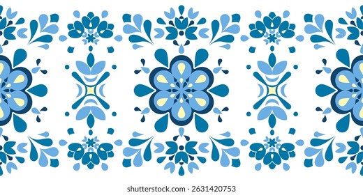 Vector illustration of a seamless ethnic folk pattern in blue tones with floral and geometric patterns. Perfect for use on fabric, wallpaper, wrapping paper and clean, traditional decorative designs.
