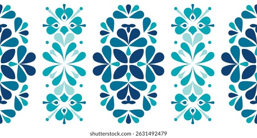 
Vector illustration of a seamless ethnic folk pattern in blue tones with floral and geometric patterns. Perfect for use on fabric, wallpaper, wrapping paper and clean, traditional decorative designs
