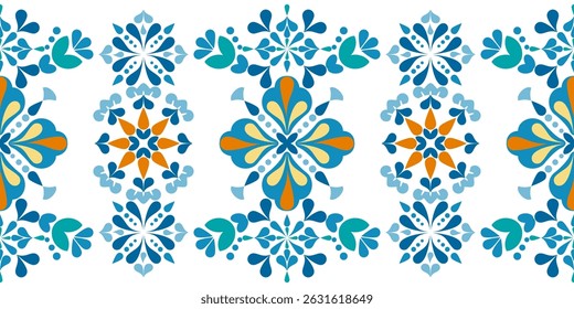 Vector illustration of a seamless ethnic folk pattern in blue tones with floral and geometric patterns. Perfect for use on fabric, wallpaper, wrapping paper and clean, traditional decorative designs.
